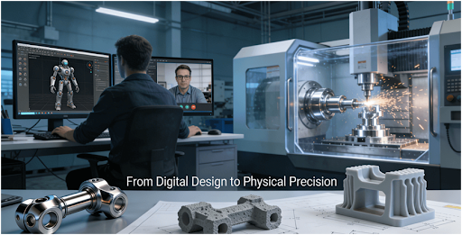A professional scene showing collaboration between an animation studio and a machine shop: a 3D model of a mechanical character on a designer‘s screen contrasts with a CNC machine machining the actual metal part, with finished components in the foreground.