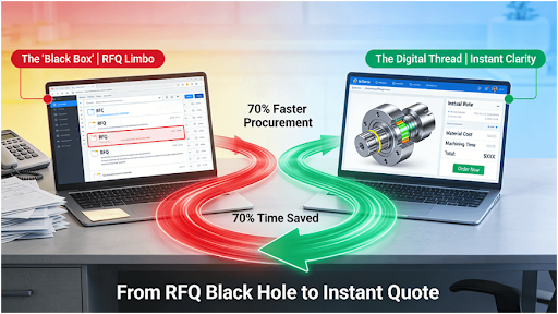 A side-by-side comparison on a modern desk: a laptop showing a clogged email inbox symbolizing the slow, opaque traditional RFQ process, versus a laptop displaying an interactive 3D part model with a detailed, instant quote from an online CNC turning platform, with a timeline arrow highlighting 70% time savings.