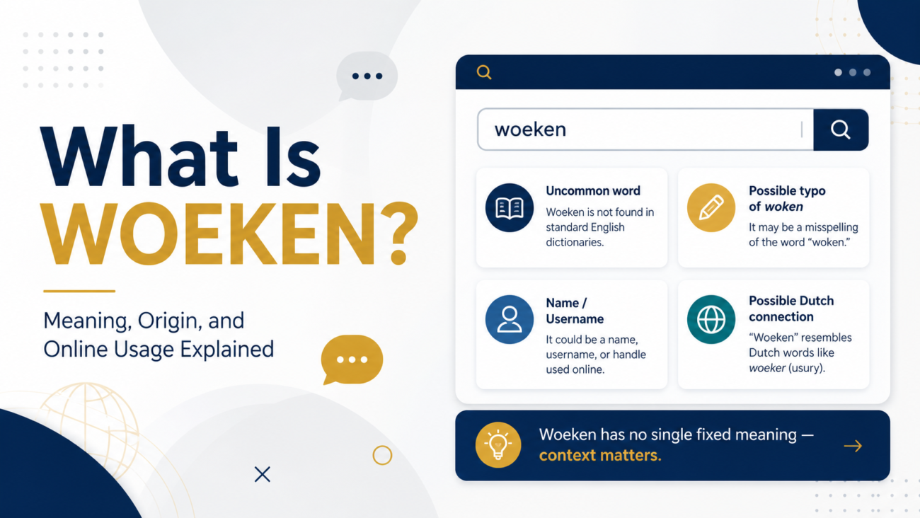 Infographic about woeken meaning, origin, and online usage with search-style design and explanation cards.