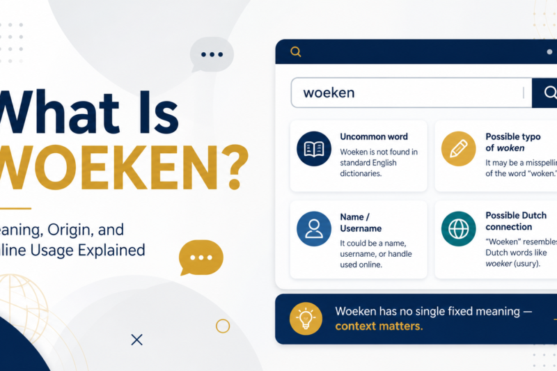Infographic about woeken meaning, origin, and online usage with search-style design and explanation cards.
